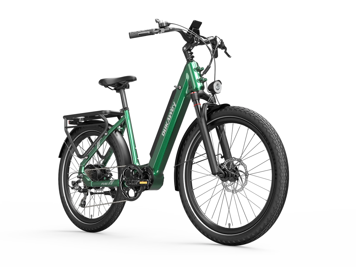 Dukawey FUGL3.0 green commuter e-bike rear three-quarter view