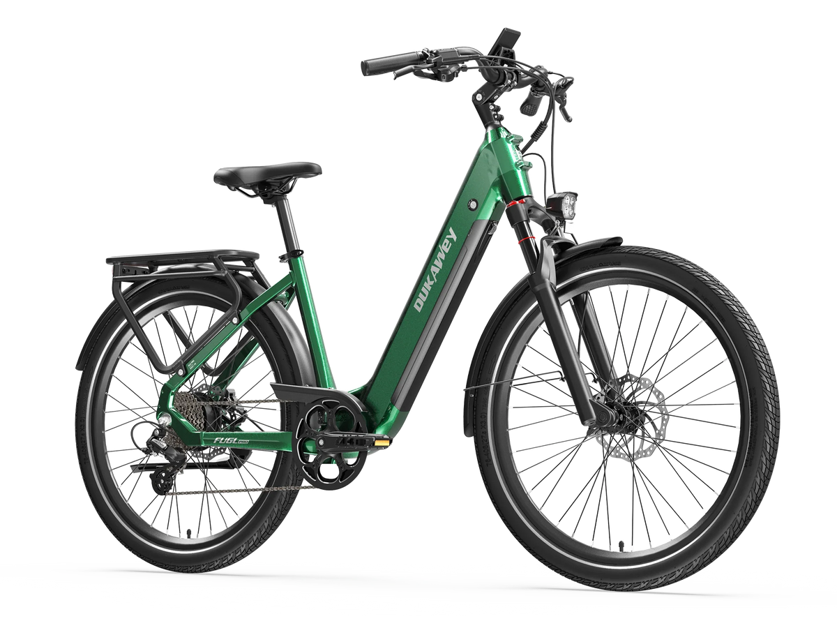 Green Dukawey FUGL Pro electric bike, front-side view