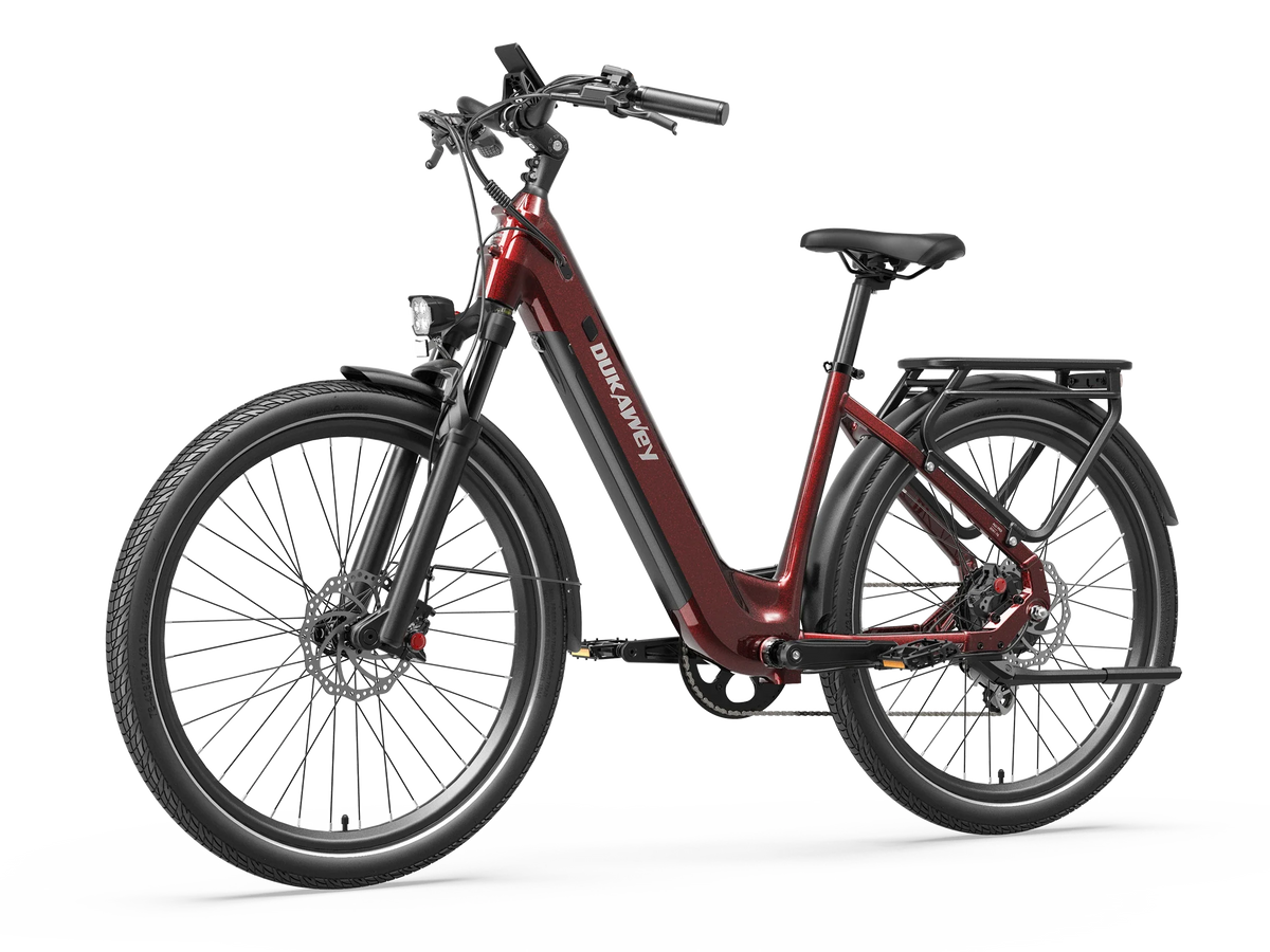 Red Dukawey FUGL Pro electric bike, front three-quarter view